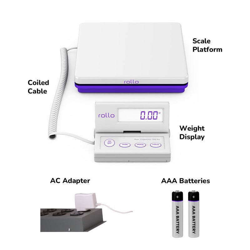 ROLLO Shipping Scale for Packages - Digital Shipping Postal Scale (110 Lb Max) - Hold and Tare Functions - Includes AC Adapter and 2X AAA Batteries - Image 2